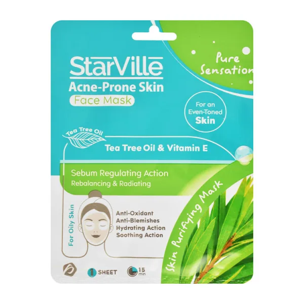 StarVille Pure Sensation Sebum Regulating Rebalancing & Radiating Facial Sheet Mask with Tea Tree زيت & فيتامين E for Oily & Acne-Prone Skin