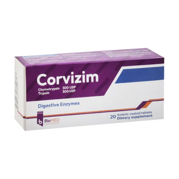 Corvizim 300 USP Chymotrypsin & 300 USP Trypsin للهضم Enzymes